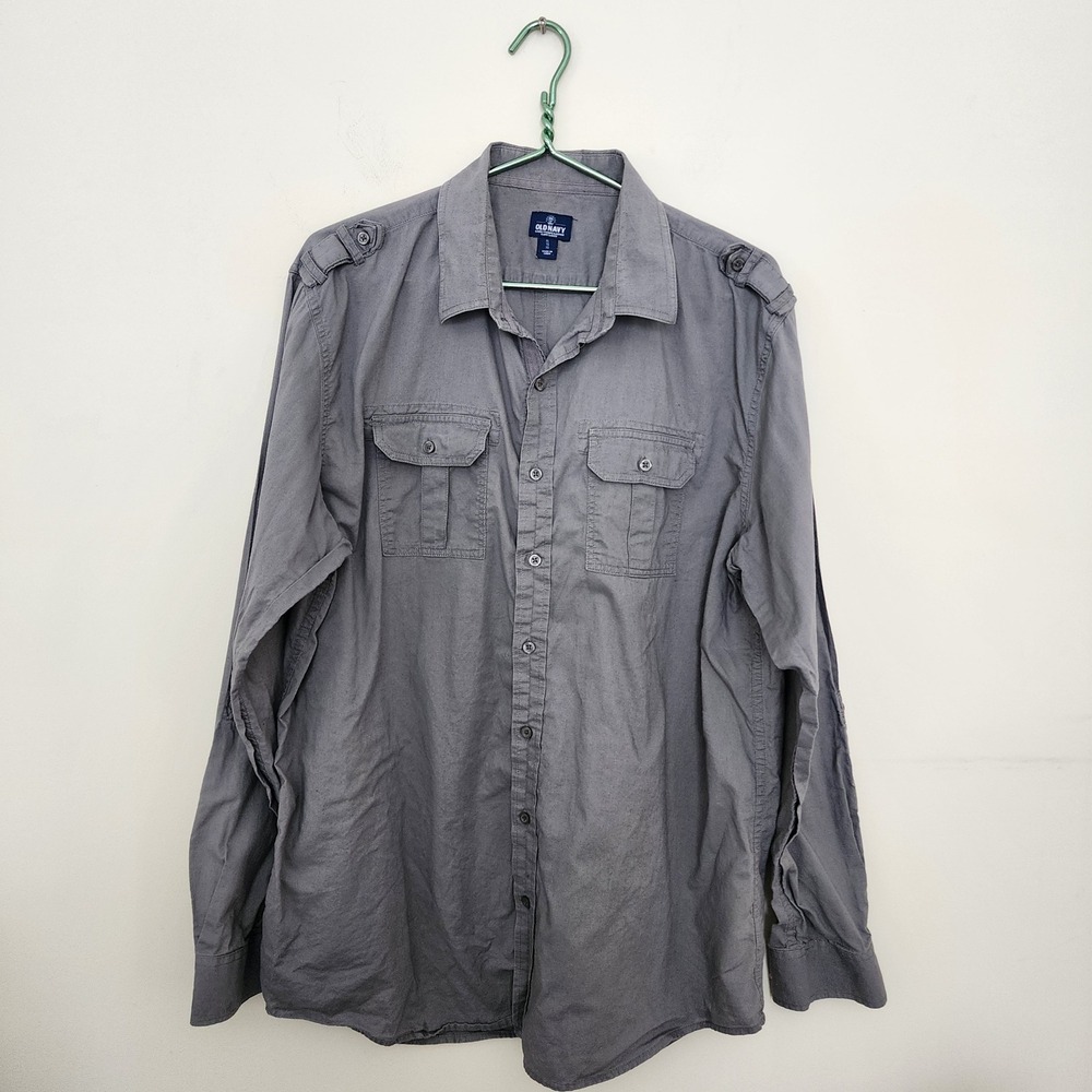 ☘️ Old Navy Mens XL Gray Cotton Military Utility Button Down Shirt Long Sleeve